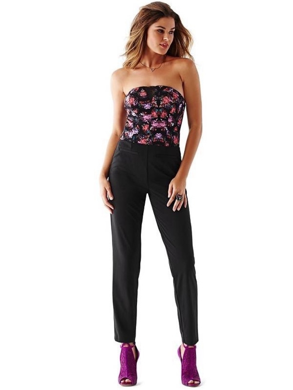 GUESS NWT Strapless Jumpsuit with Pink & Purple Floral Bustier